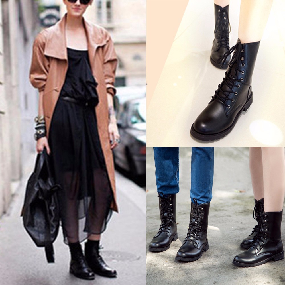 lace up biker flat ankle boot